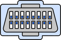 An illustration of an OBD-II diagnostic connector plug, its trapezoid face toward the viewer.