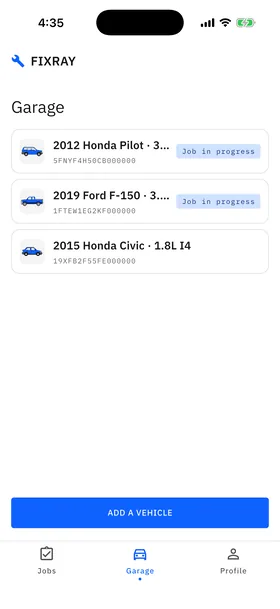 The garage with three cars, each with its drawing and VIN: a 2012 Honda Pilot and a 2019 Ford F-150, each with a job in progress, and a 2015 Honda Civic.