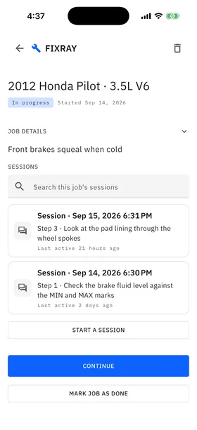 The brake job on the 2012 Honda Pilot, in progress, with its two sessions, on 14 and 15 September, and the step each one reached.