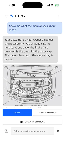 The answer to "Show me what the manual says about step 1": page 582 of the 2012 Honda Pilot Owner's Manual shows where the brake fluid reservoir is, with that page's drawing of the engine bay beneath.