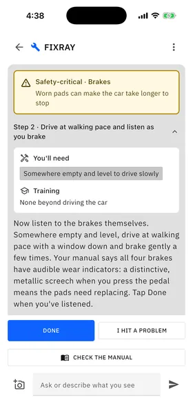 Step 2 of the brake job, "Drive at walking pace and listen as you brake", under the amber warning block "Safety-critical · Brakes: Worn pads can make the car take longer to stop", with what you will need and the training it takes.